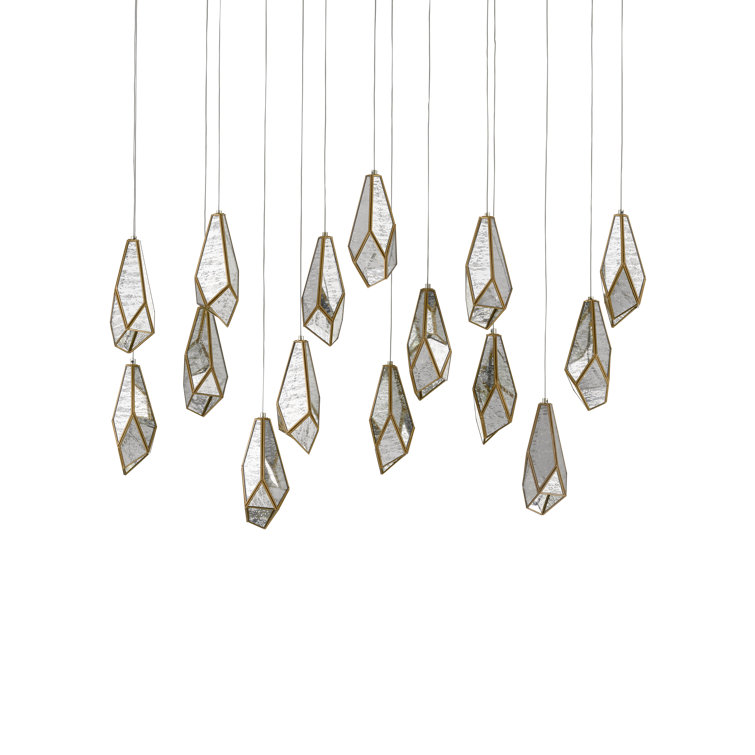 Glace Rectangular Multi-Drop 15-Light Brass & Raj Mirror Pendant