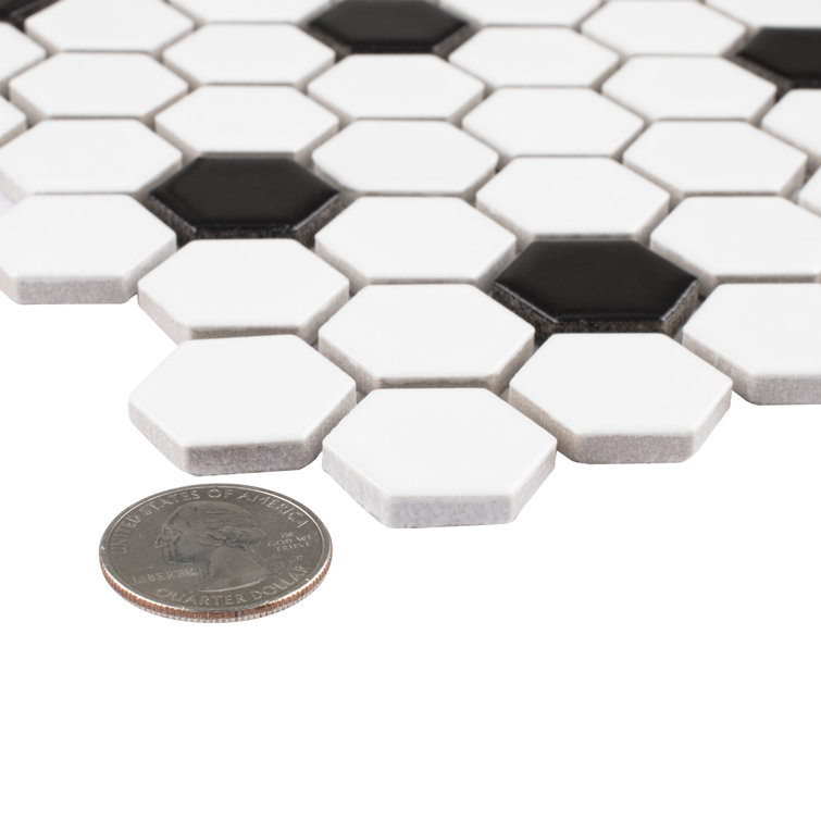 Madison 1" Hex Matte White and Black Porcelain Mosaic Tile