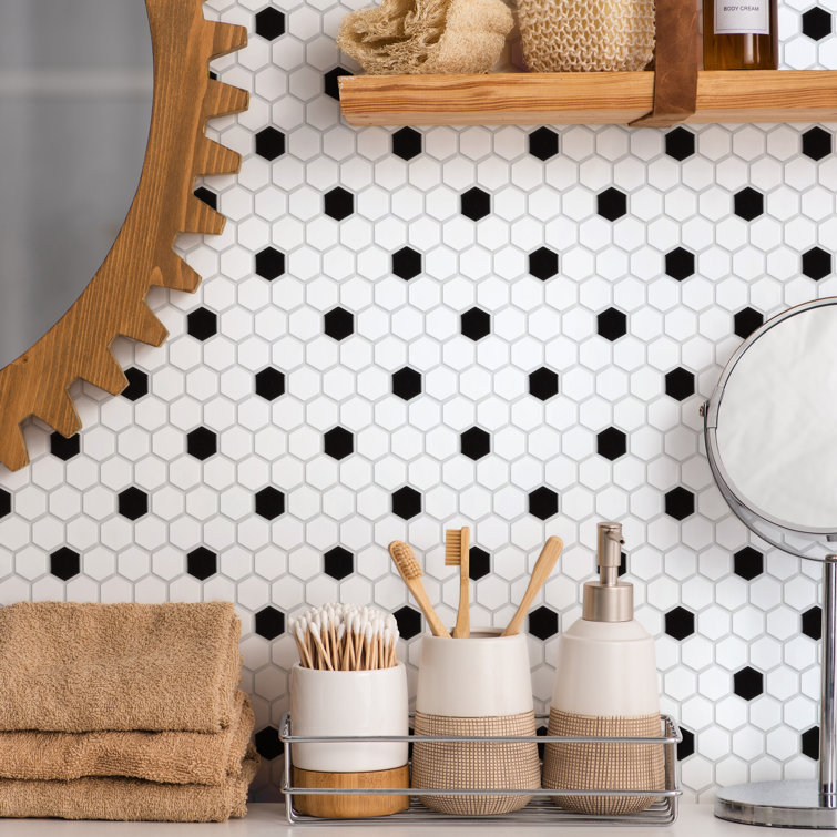 Madison 1" Hex Matte White and Black Porcelain Mosaic Tile