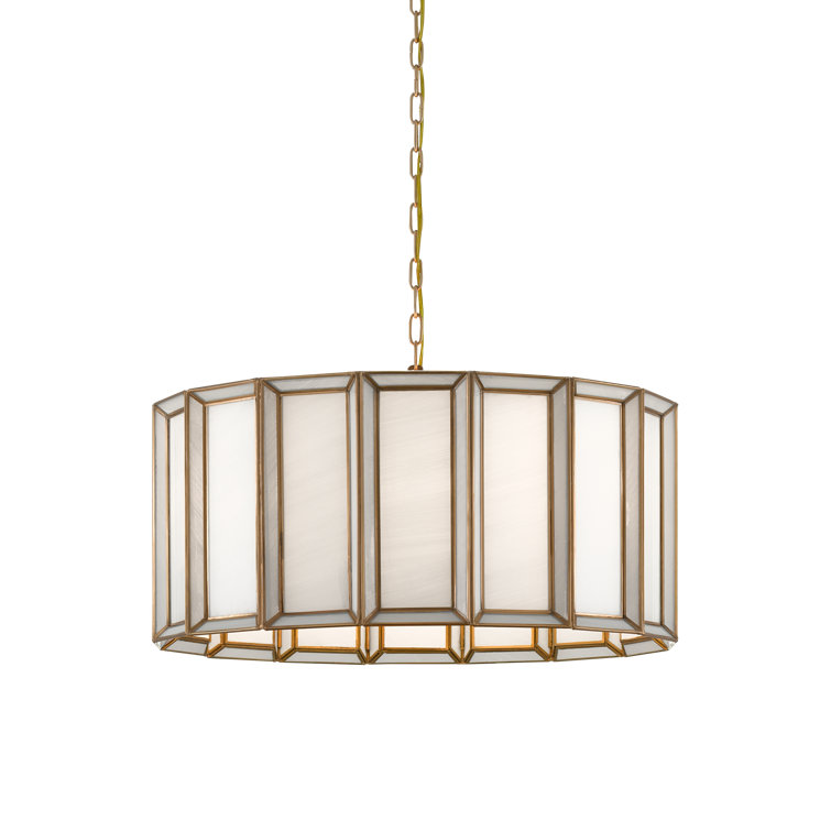 Antique Brass and White Glass Drum Chandelier