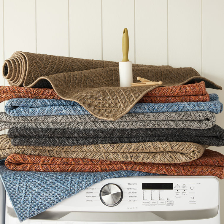 Blue Cotton and Polyester Herringbone Washable Runner Rug