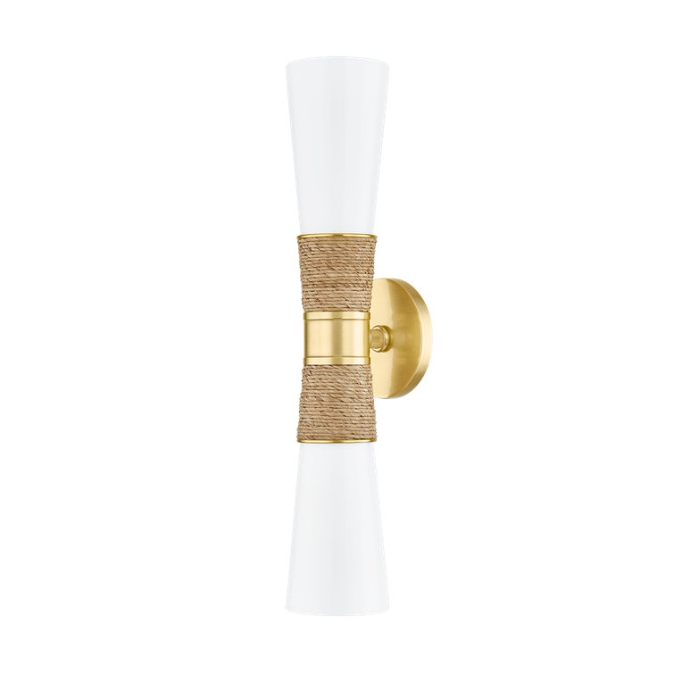 Aged Brass and Opal Glass 2-Light Wall Sconce with Raffia Wrap
