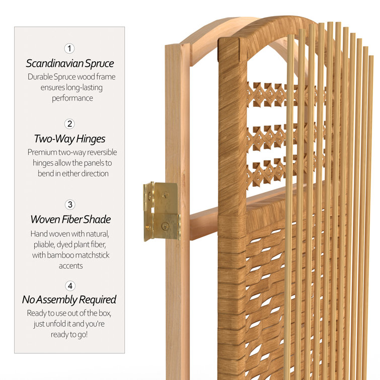 Spruce Wood and Light Beige Fiber Weave 6-Panel Folding Room Divider