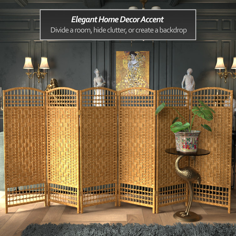 Spruce Wood and Light Beige Fiber Weave 6-Panel Folding Room Divider