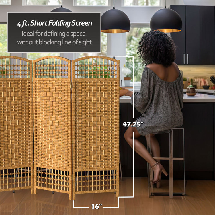 Spruce Wood and Light Beige Fiber Weave 6-Panel Folding Room Divider