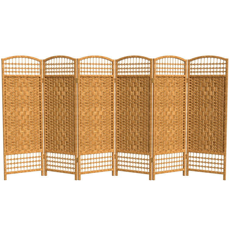 Spruce Wood and Light Beige Fiber Weave 6-Panel Folding Room Divider