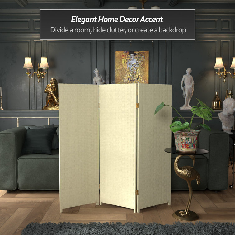Cream Woven Fiber 4' Folding Screen Room Divider