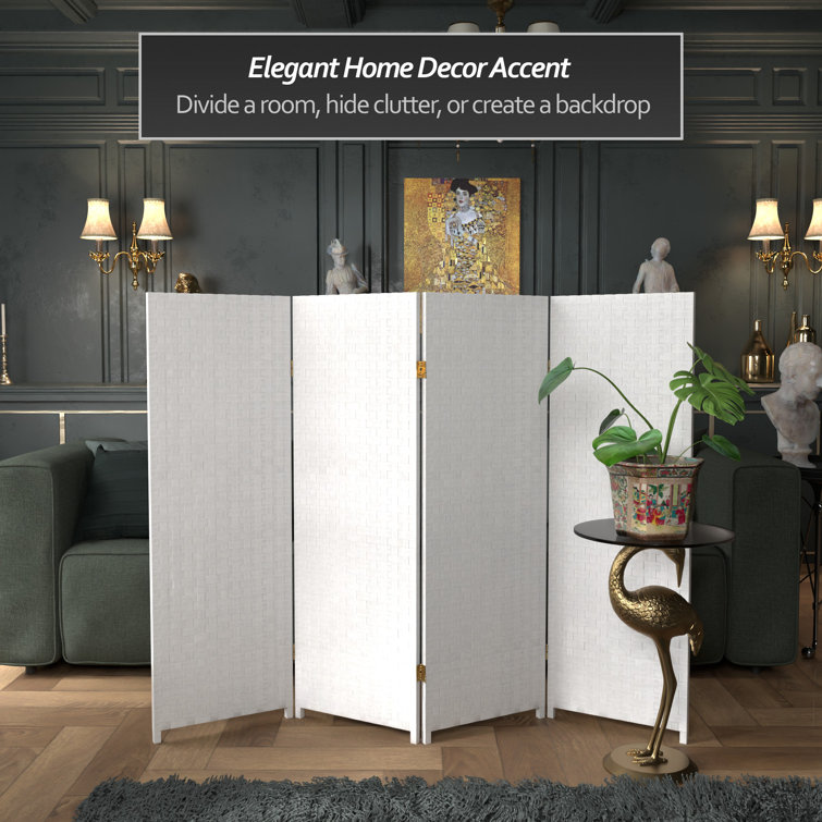 White Woven Fiber 4-Panel Folding Room Divider