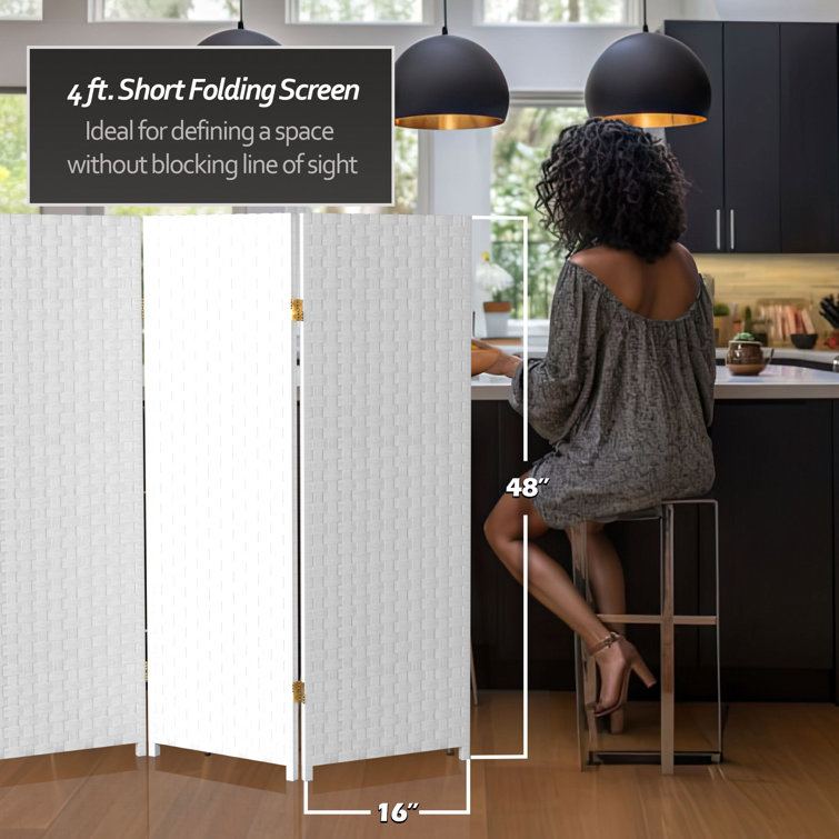 White Woven Fiber 4-Panel Folding Room Divider