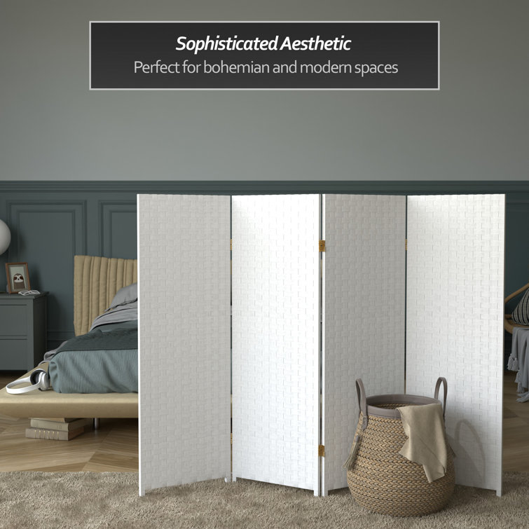 White Woven Fiber 4-Panel Folding Room Divider