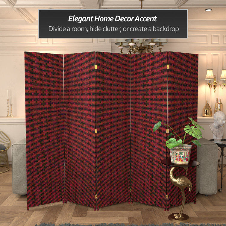 Red and Black Woven Fiber 5-Panel Folding Room Divider