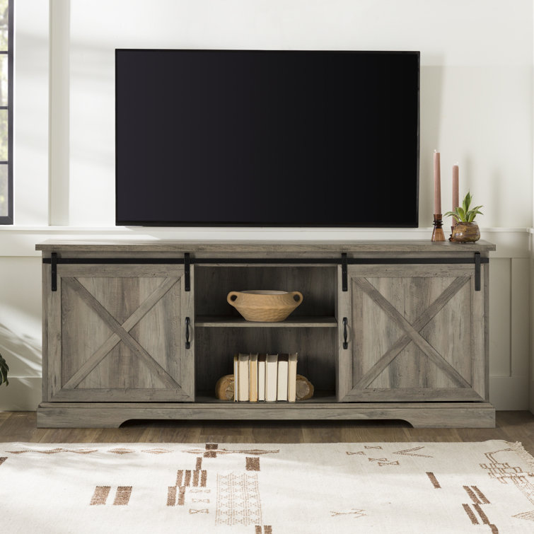 70" Gray Wash Sliding Barn Door TV Stand with Cabinet