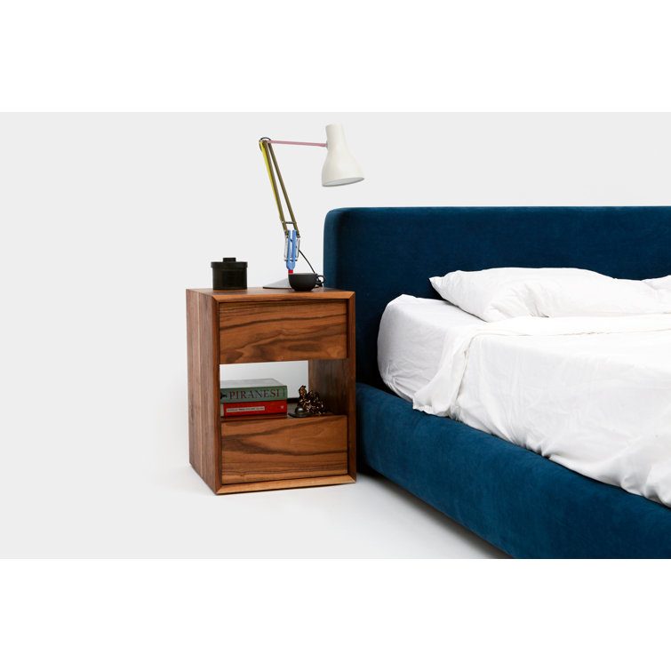 Walnut 2-Drawer Minimalist Nightstand with Open Shelf
