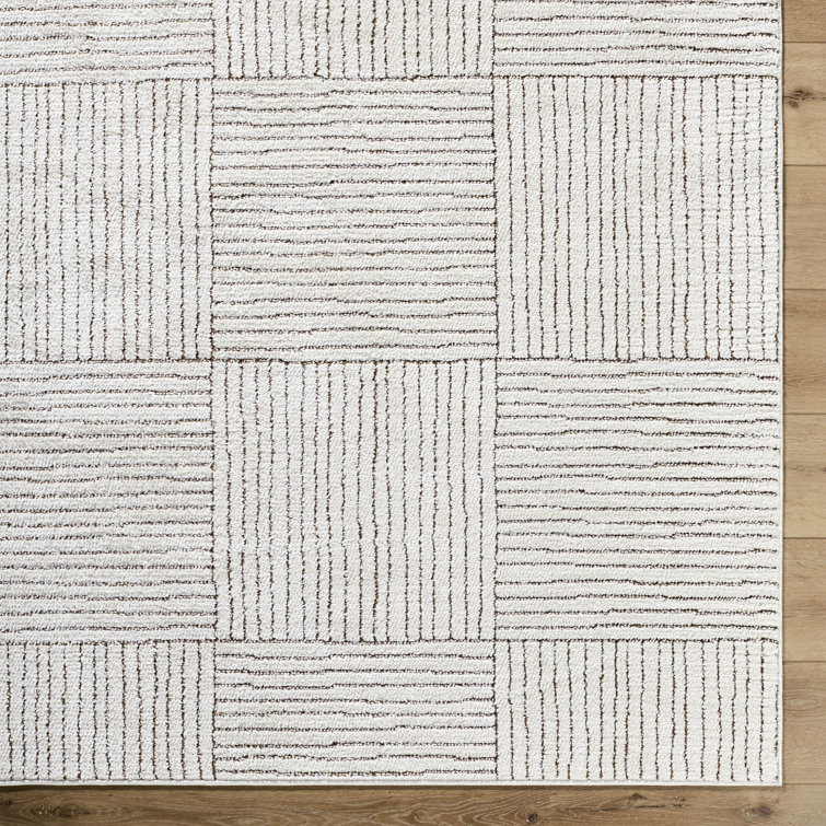 Ivory and Dark Brown Striped Synthetic Area Rug, 2'8" x 7'3"