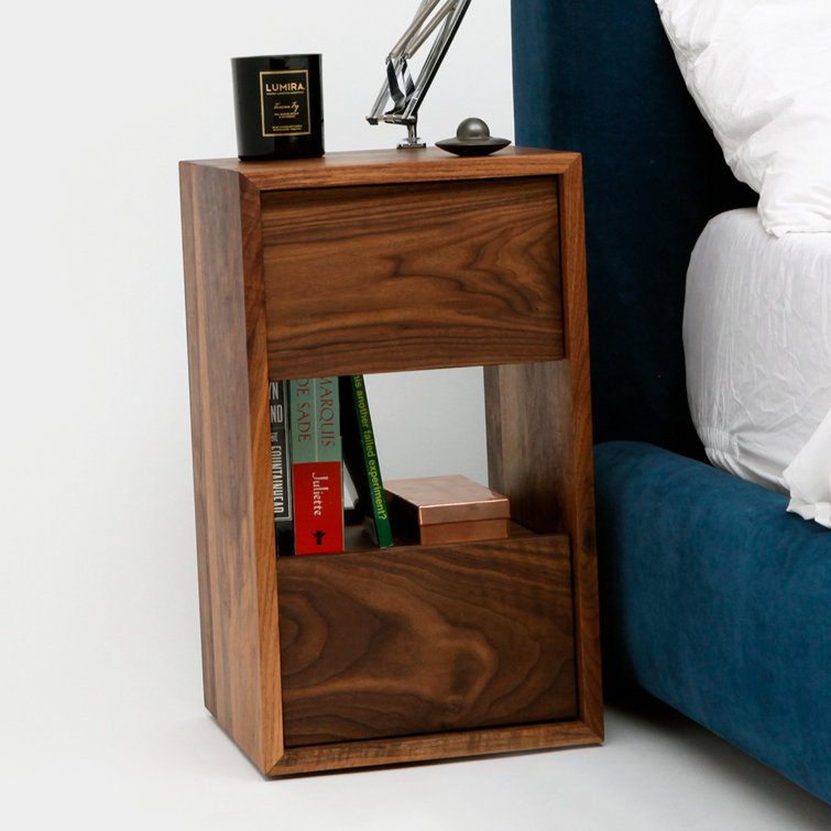 Walnut Solid Wood 2-Drawer Nightstand with Shelf