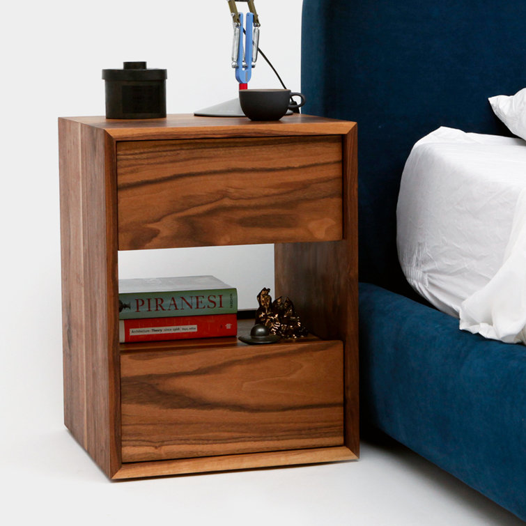 Walnut 2-Drawer Minimalist Nightstand with Open Shelf