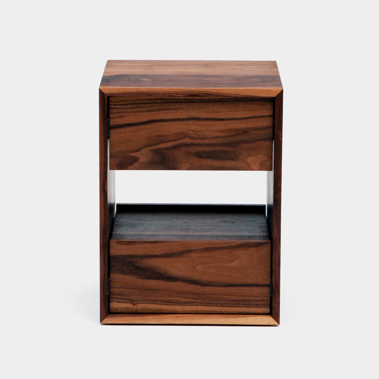 Walnut 2-Drawer Minimalist Nightstand with Open Shelf