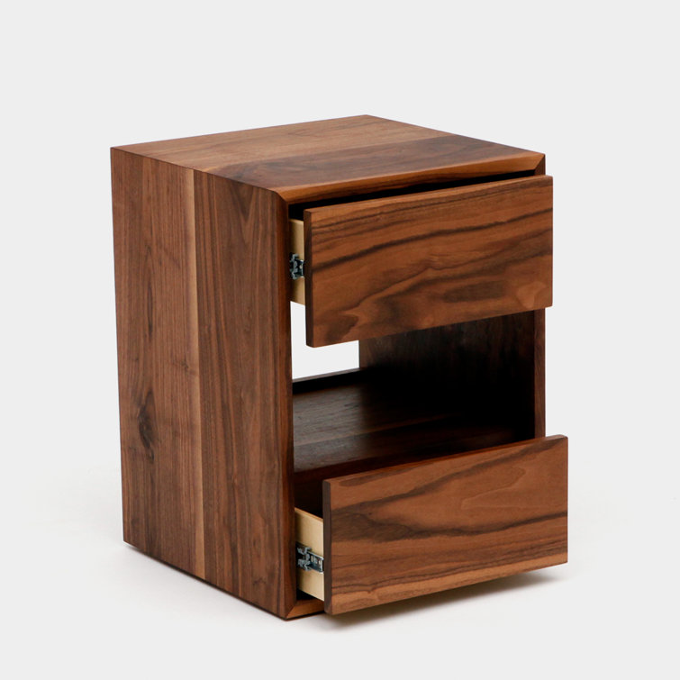 Walnut 2-Drawer Minimalist Nightstand with Open Shelf