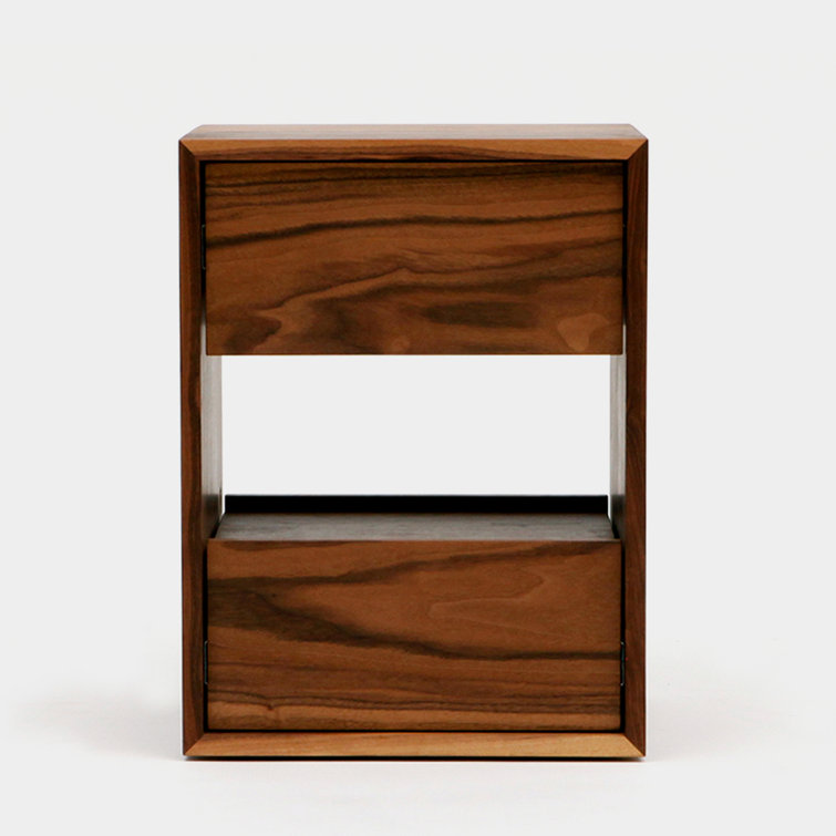 Walnut 2-Drawer Minimalist Nightstand with Open Shelf