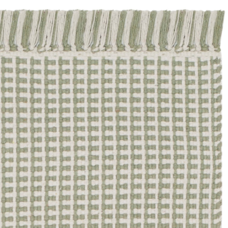 Ivory and Green Handwoven Cotton Flatweave 6' x 9' Rug