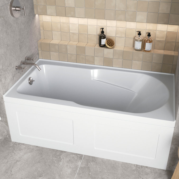 Glossy White Acrylic Right-Hand Drain Alcove Bathtub with Brushed Nickel External Drain