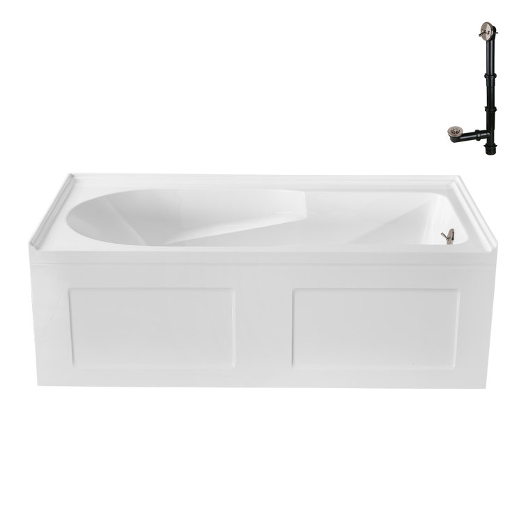 Glossy White Acrylic Right-Hand Drain Alcove Bathtub with Brushed Nickel External Drain