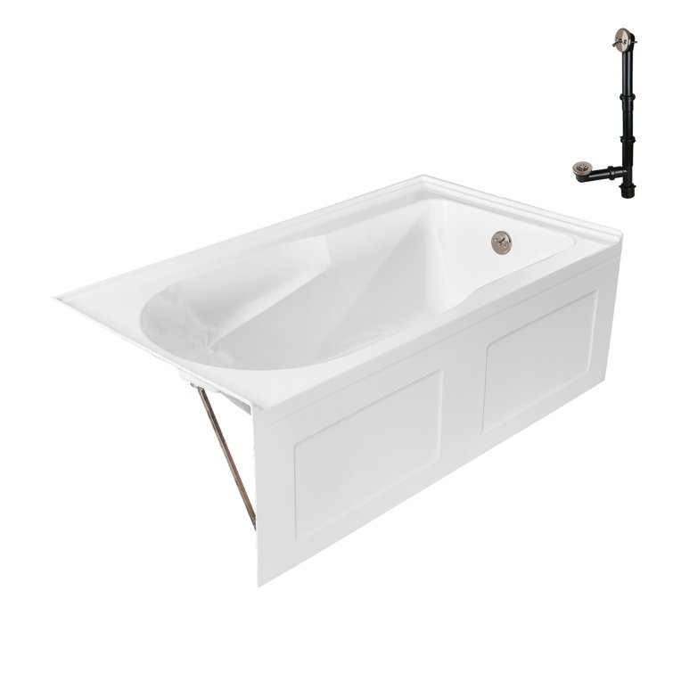 Glossy White Acrylic Right-Hand Drain Alcove Bathtub with Brushed Nickel External Drain