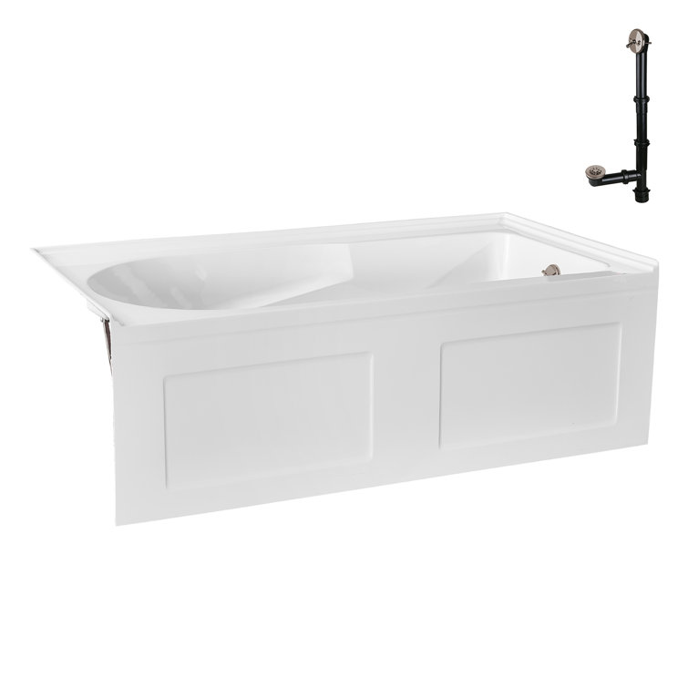 Glossy White Acrylic Right-Hand Drain Alcove Bathtub with Brushed Nickel External Drain