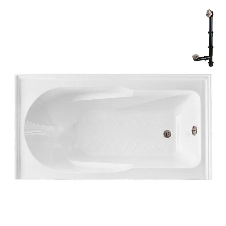 Glossy White Acrylic Right-Hand Drain Alcove Bathtub with Brushed Nickel External Drain