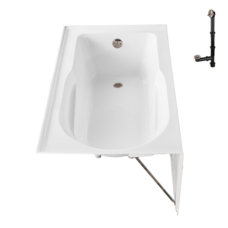 Glossy White Acrylic Right-Hand Drain Alcove Bathtub with Brushed Nickel External Drain