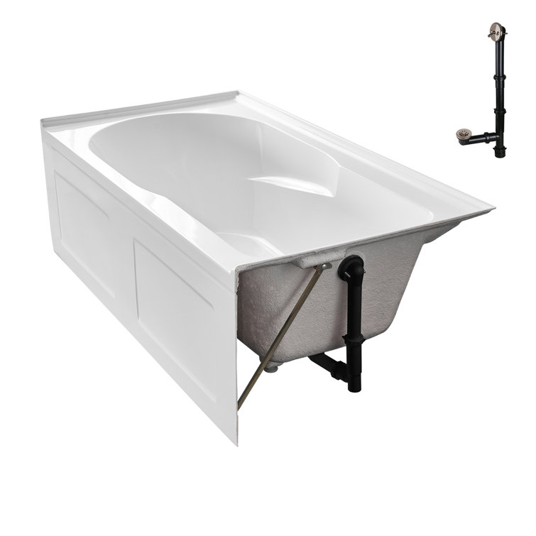 Glossy White Acrylic Right-Hand Drain Alcove Bathtub with Brushed Nickel External Drain