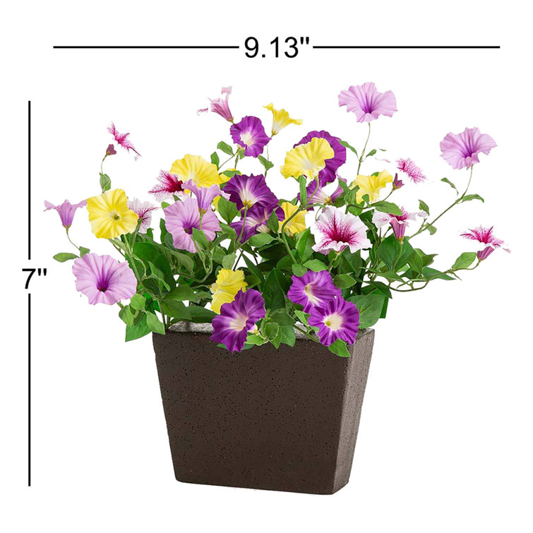 Purple and Yellow Artificial Petunias in Brown Pot