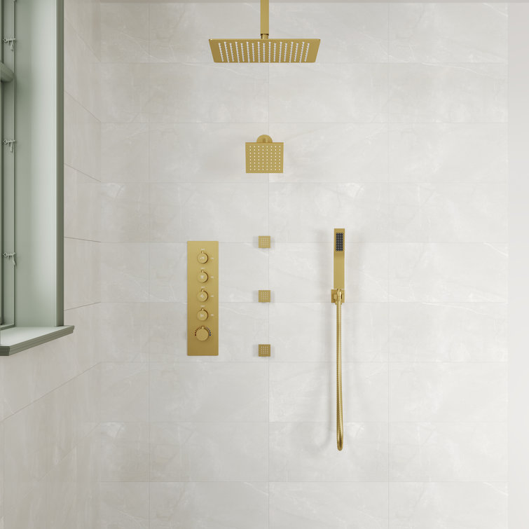 16" Brushed Gold Multi-Head Rainfall Shower System with Handheld