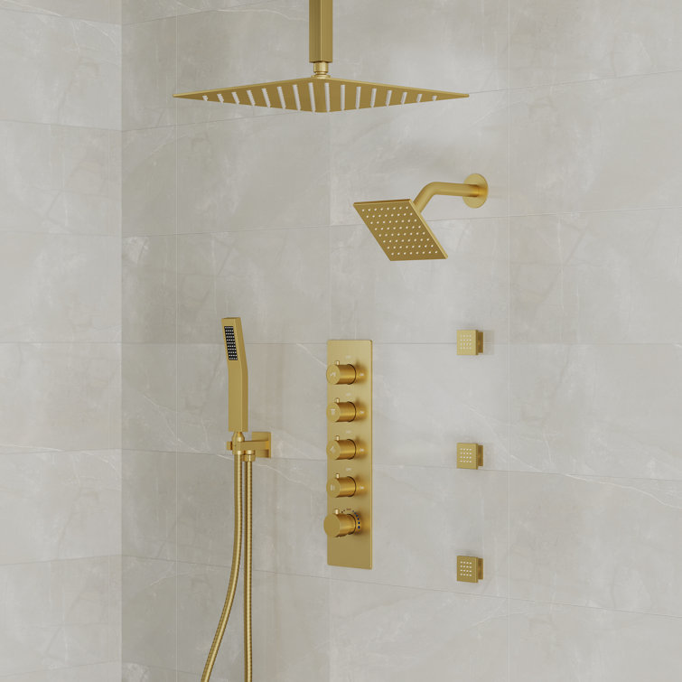 16" Brushed Gold Multi-Head Rainfall Shower System with Handheld