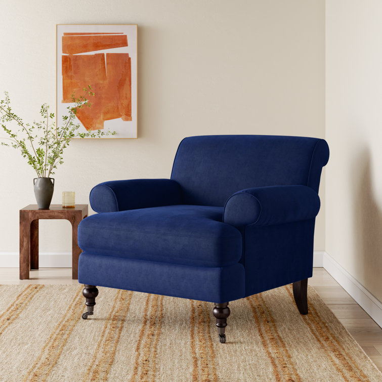 Navy Blue Velvet Wood Handcrafted Accent Chair, 37"x32.5"x38"