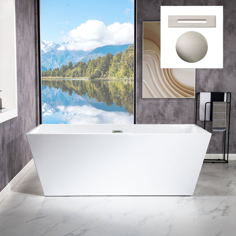 White Acrylic Freestanding Rectangular Bathtub with Brushed Nickel Drain
