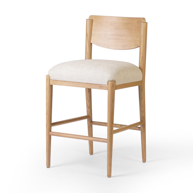 Natural Wood Counter Stool with Linen Upholstery