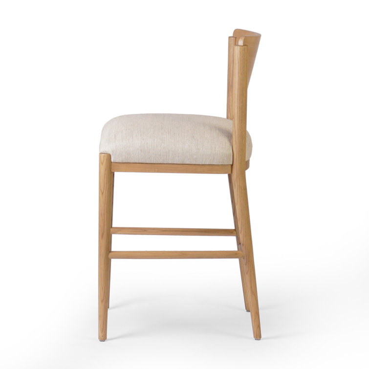 Natural Wood Counter Stool with Linen Upholstery