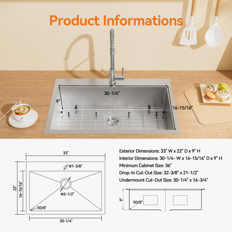 33'' Stainless Steel Drop-In Single Bowl Kitchen Sink