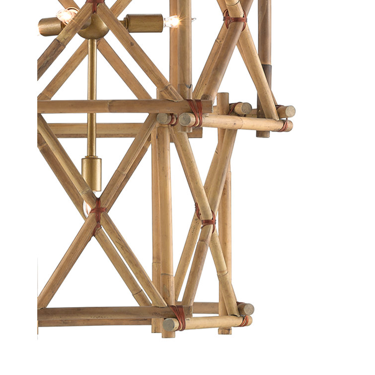 Natural Rattan and Brass 10-Light Adjustable Chandelier