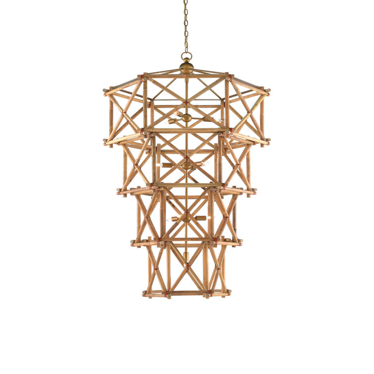 Natural Rattan and Brass 10-Light Adjustable Chandelier