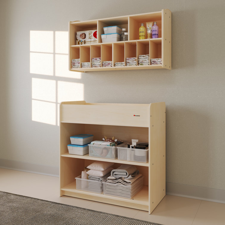Natural Wood Changing Table with Adjustable Safety Strap and Storage Shelves