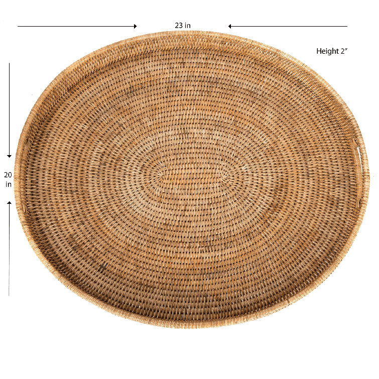 Honey Brown Oval Rattan Ottoman Tray with Cutout Handles