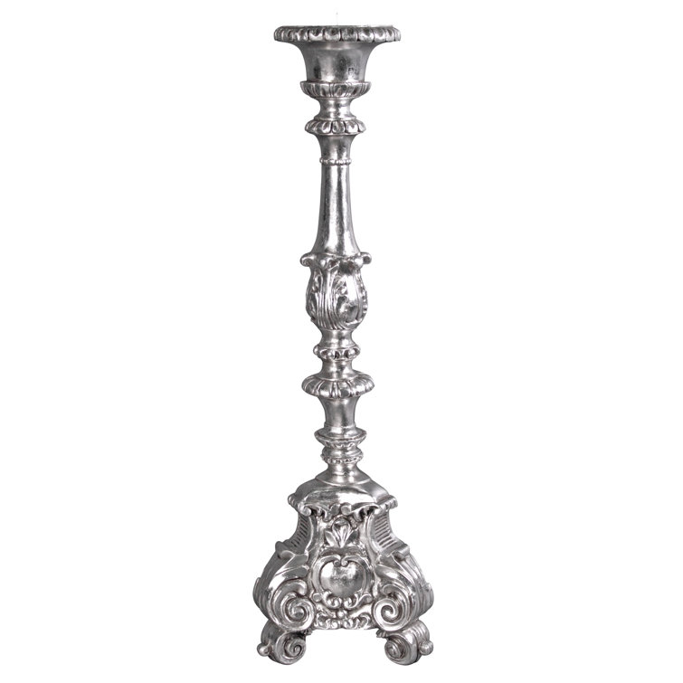 Elegant Baroque Scroll-Footed Silver Leaf Resin Candlesticks, Set of 2