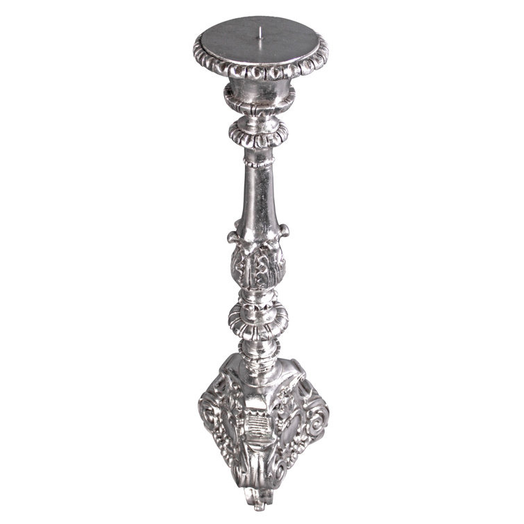 Elegant Baroque Scroll-Footed Silver Leaf Resin Candlesticks, Set of 2