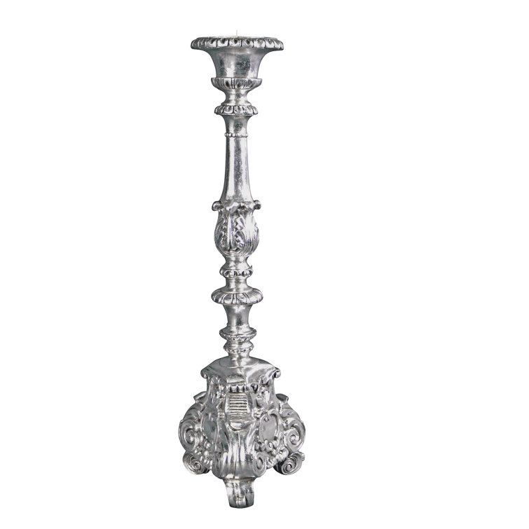 Elegant Baroque Scroll-Footed Silver Leaf Resin Candlesticks, Set of 2