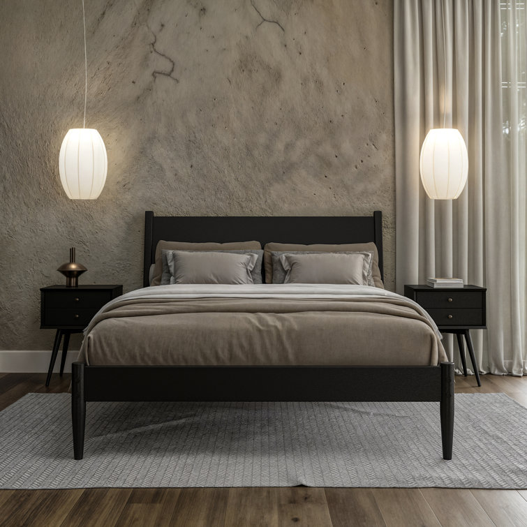 Antigua Black Wood Queen Bed with Headboard and Drawer