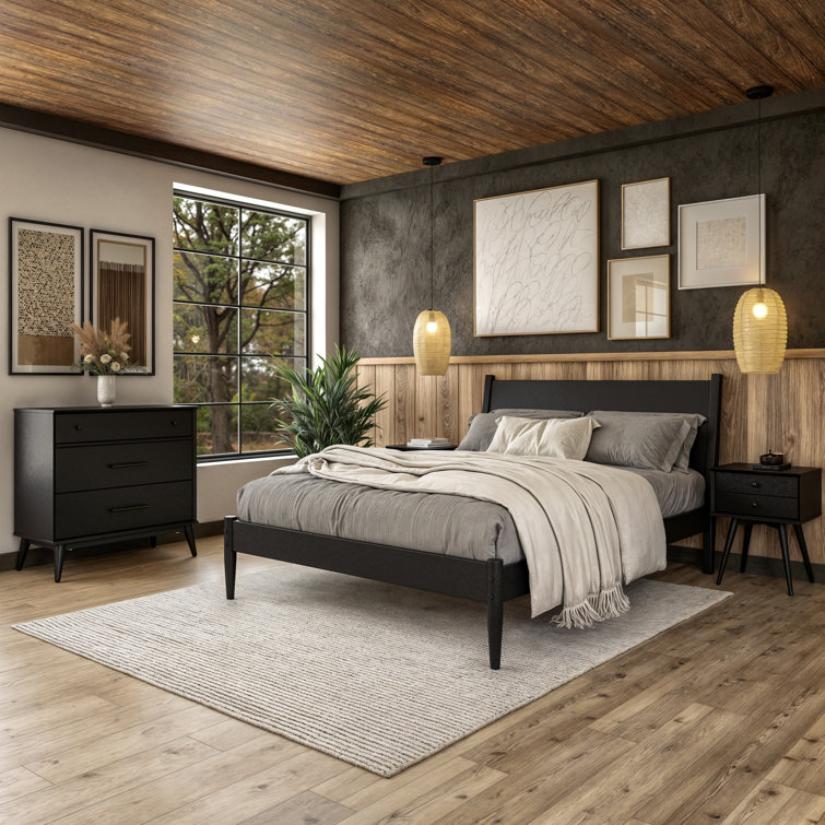 Antigua Black Wood Queen Bed with Headboard and Drawer