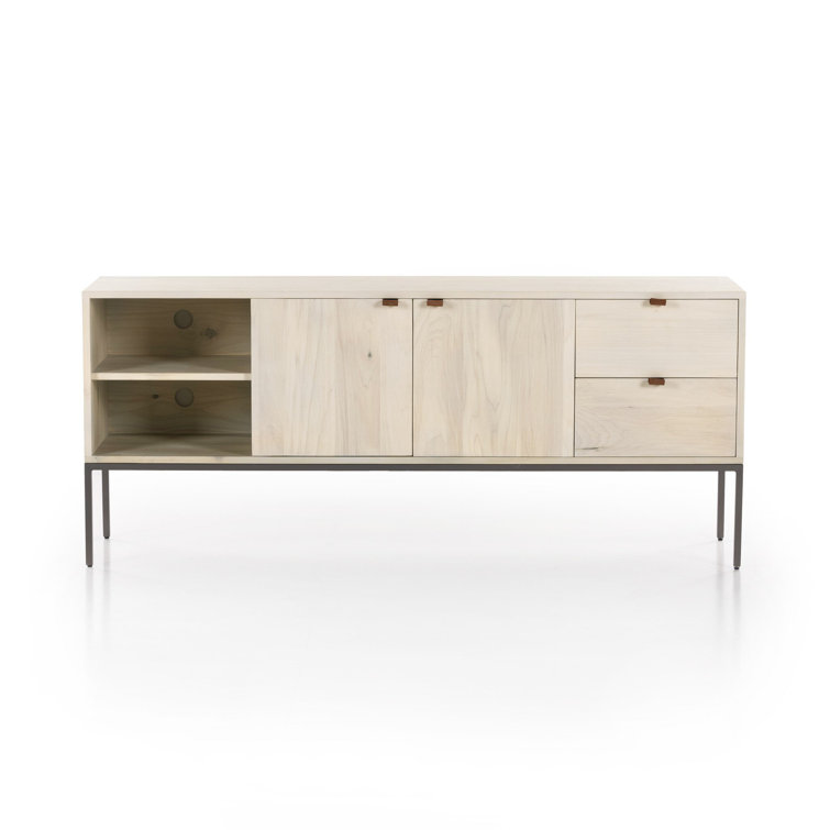 Contemporary Black Wash Poplar Media Console with Leather Pulls