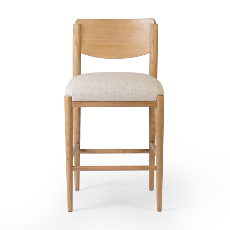 Natural Wood Counter Stool with Linen Upholstery